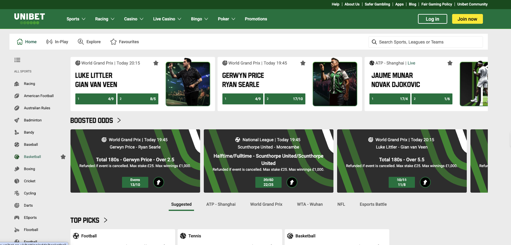 Screenshot of Unibet website interface
