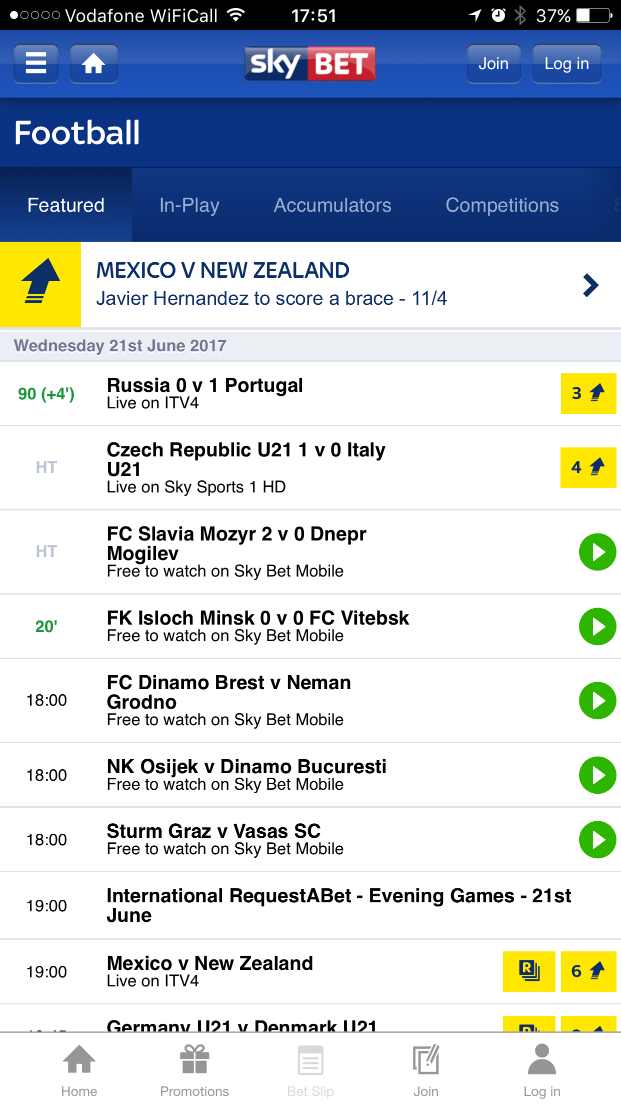 Sky bet app home screen